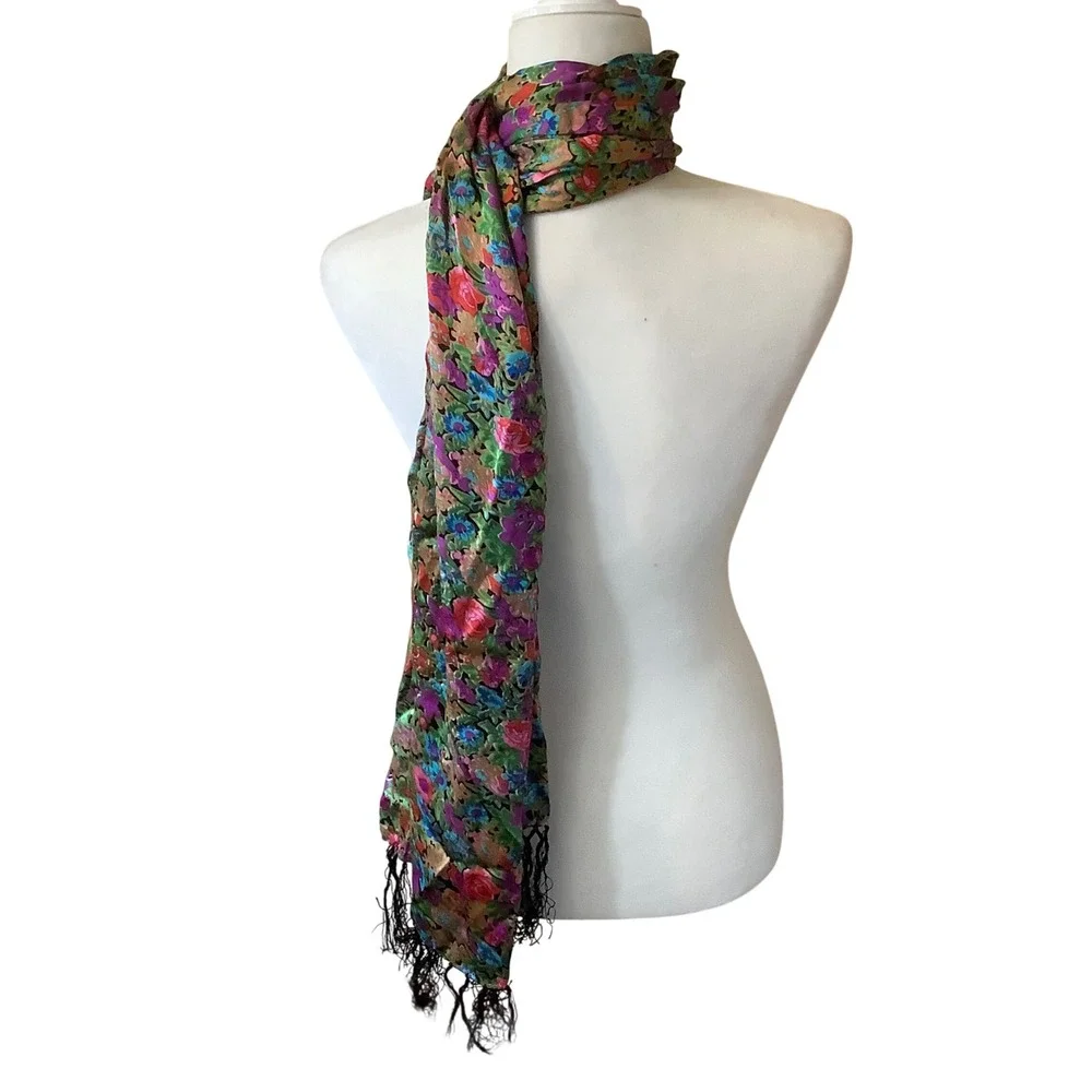 Vintage 100% Silk Floral Scarf Multicolor Botanical Print Fringe Trim Wrap 74x22